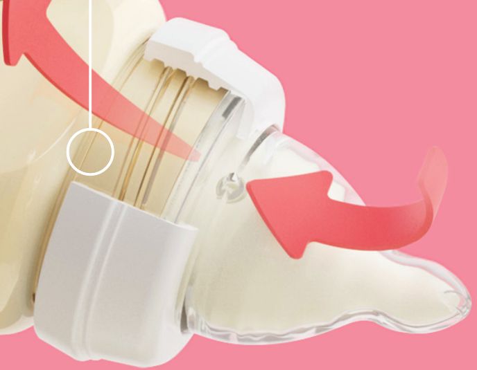 Cutaway of Minbie’s bottle nipple showing the air vent and direction of airflow